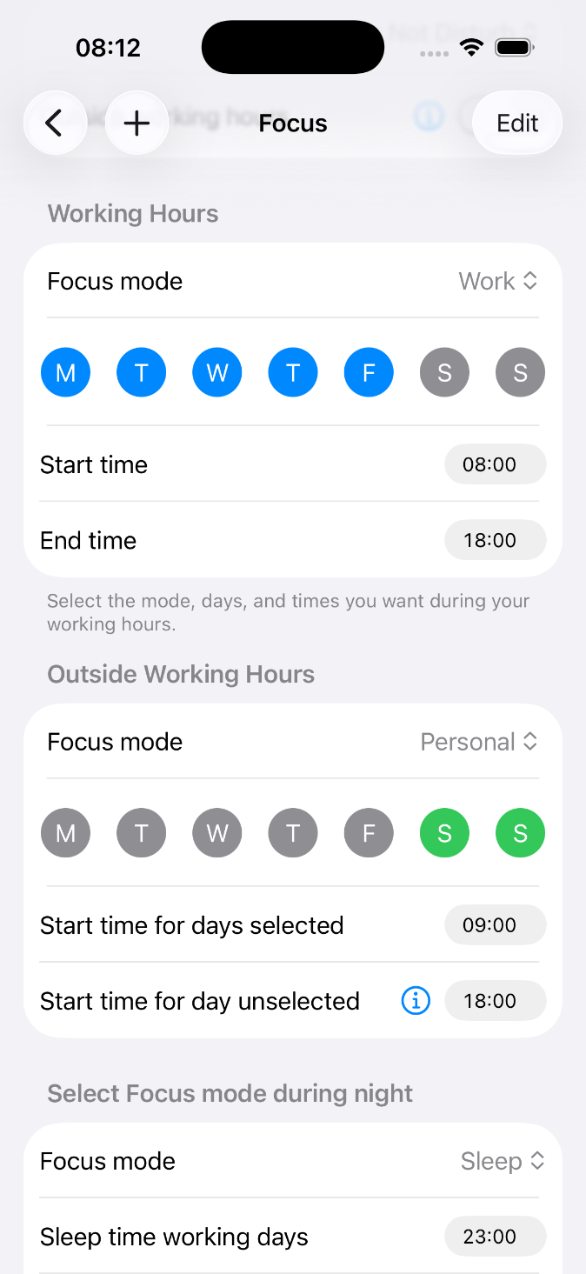 إعداد أيام العمل والأوقات وأوضاع التركيز في Smart Focus