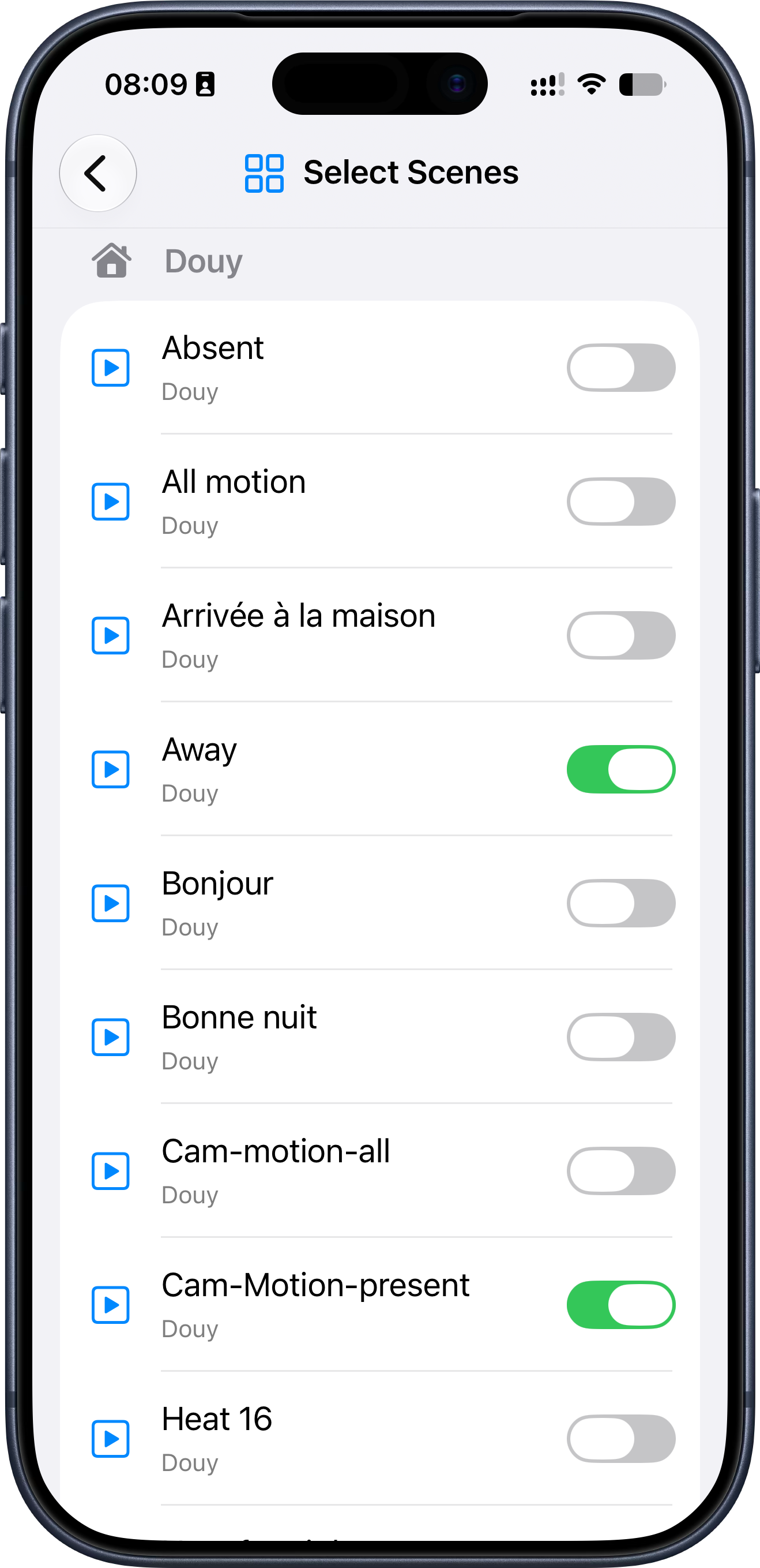 HomeTapDrive-Bildschirm zum Auswählen von HomeKit-Szenen