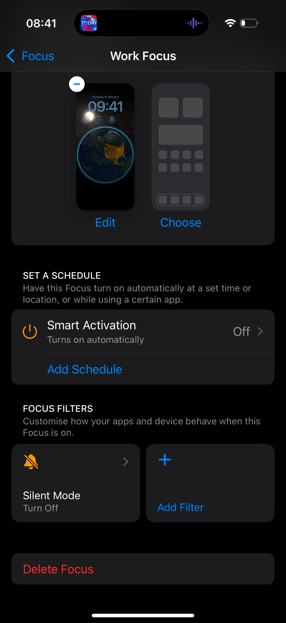 Fokusfilter und Einstellungen für den Stummmodus im Fokus Arbeit auf dem iPhone