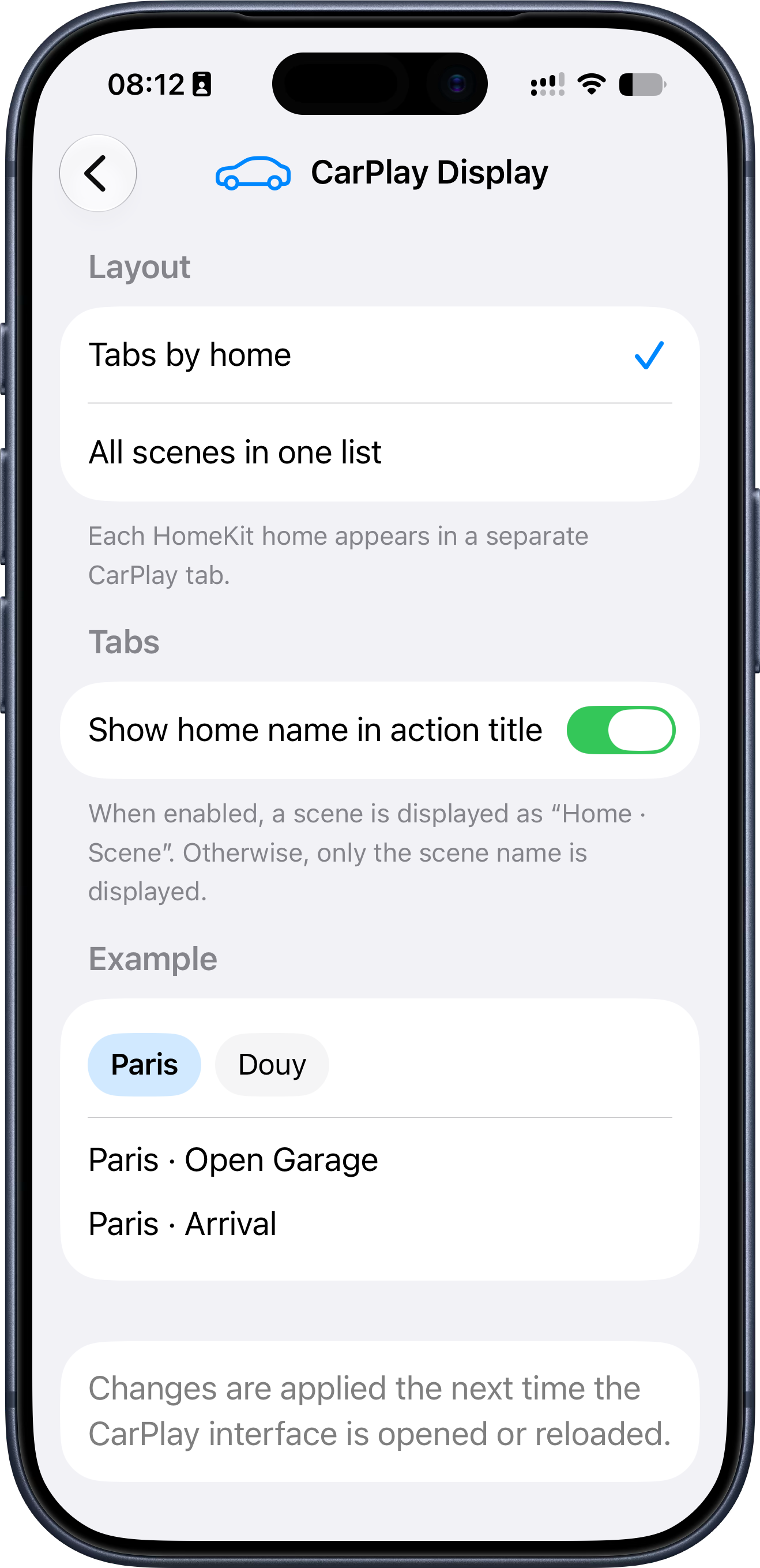 Schermata per scegliere il layout CarPlay in HomeTapDrive