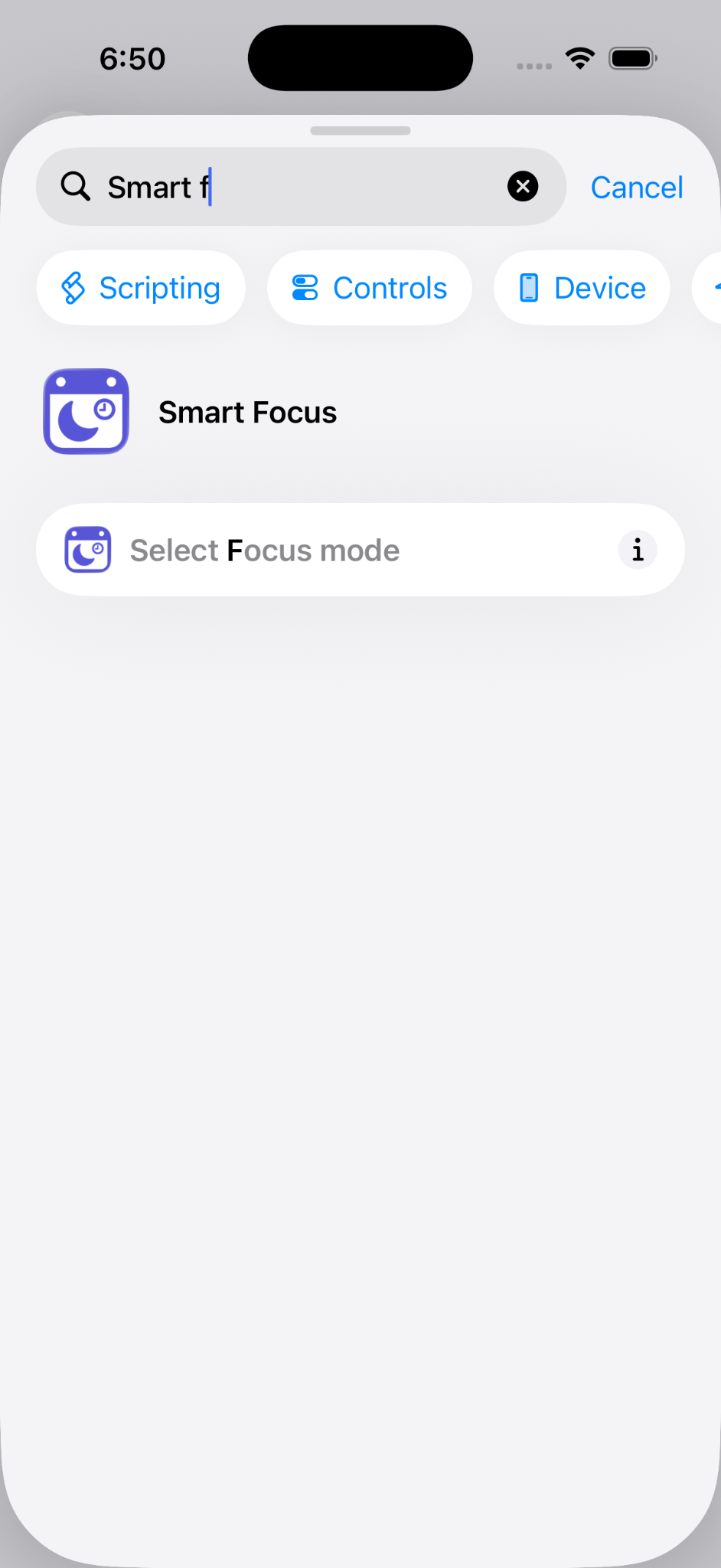 Creazione di un nuovo comando rapido con l’azione Smart Focus in Comandi Rapidi