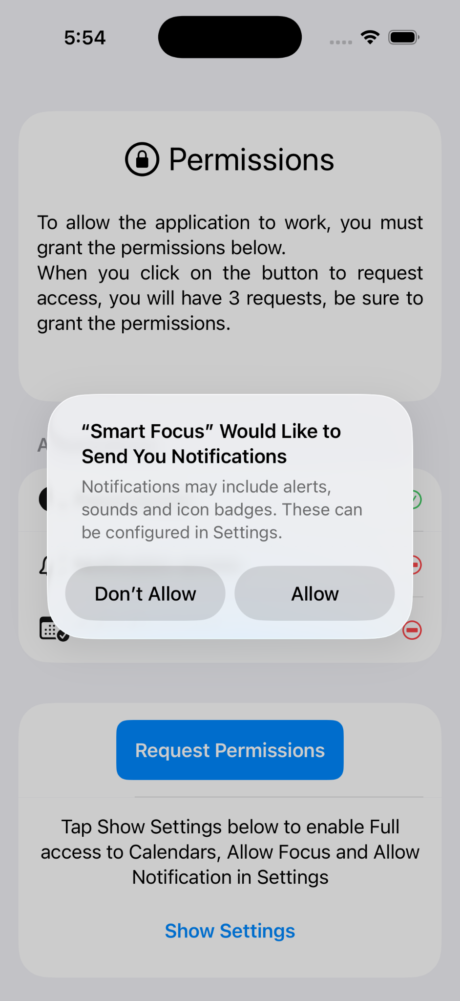 Richiesta iOS per consentire le notifiche di Smart Focus