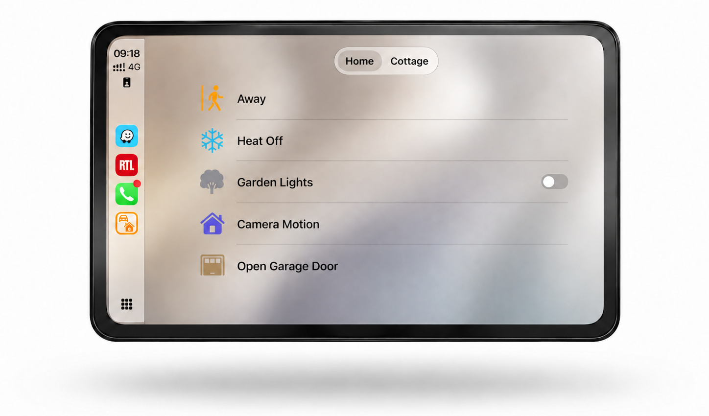 HomeTapDrive Home tab showing HomeKit scenes in CarPlay