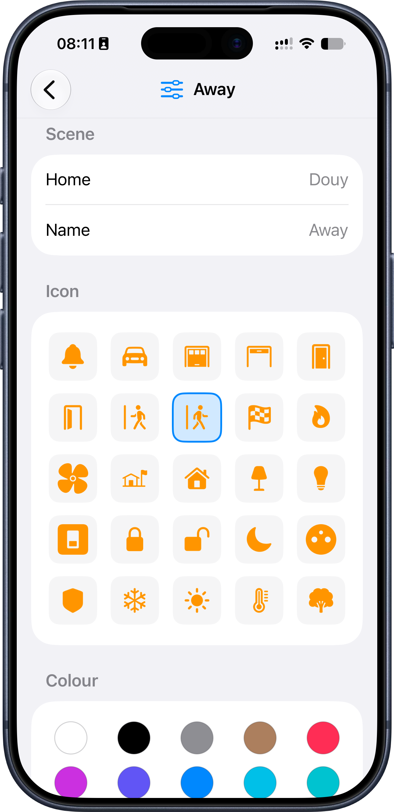 HomeTapDrive screen for choosing an icon and colour for an action