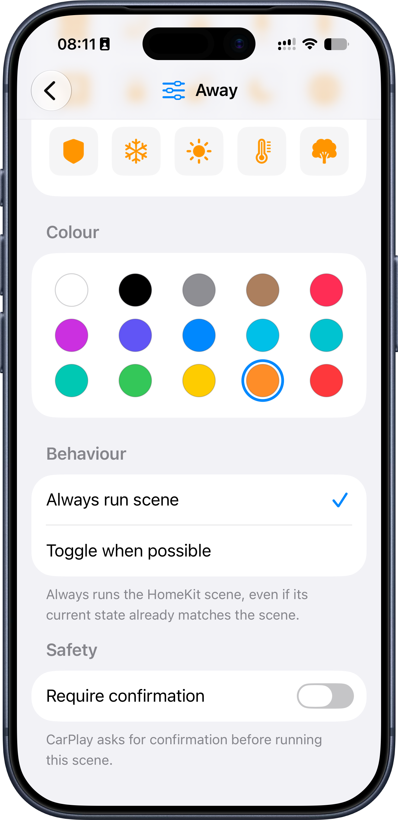 HomeTapDrive screen for choosing scene action behaviour