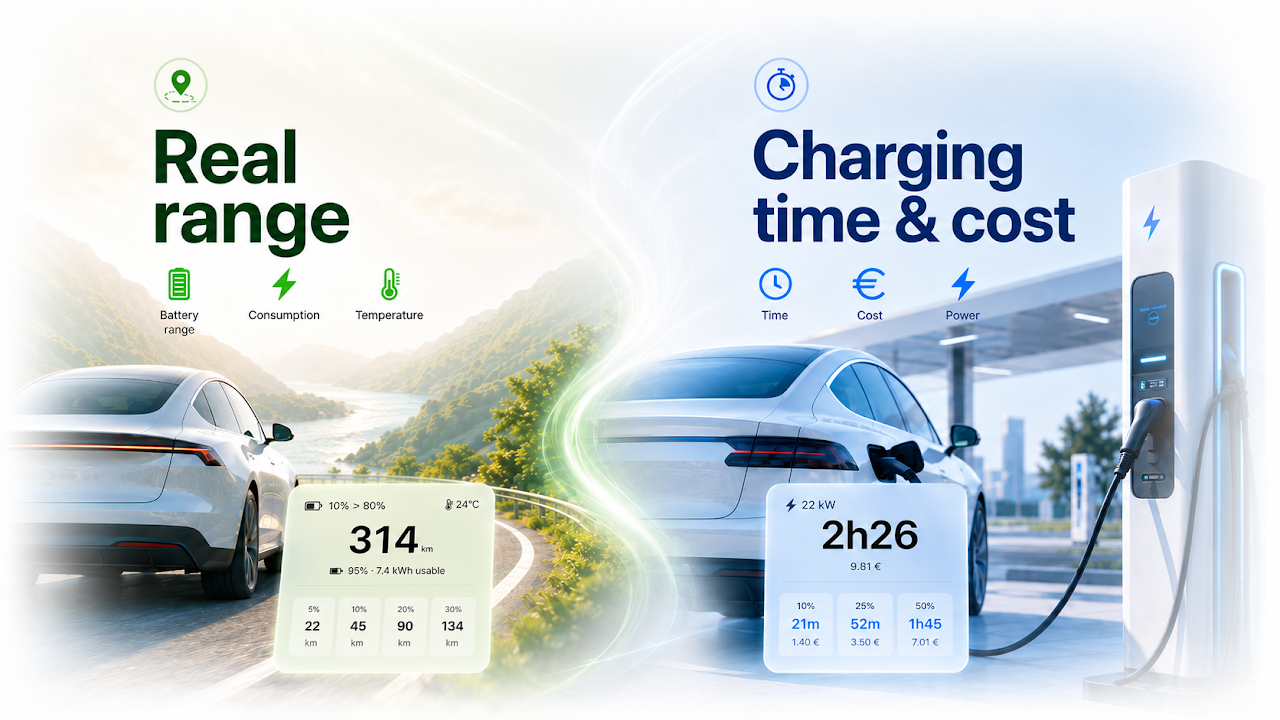 EV Range app estimating electric vehicle range and charging time on iPhone