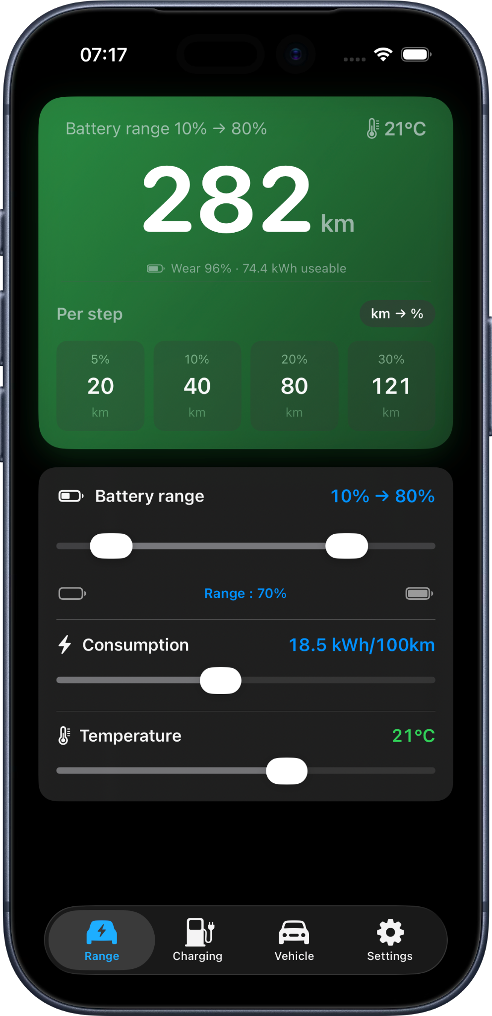 EV Range screen showing real-world electric vehicle range estimates