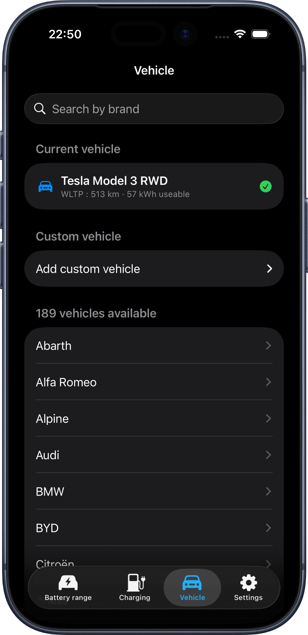 EV Range vehicle selection screen