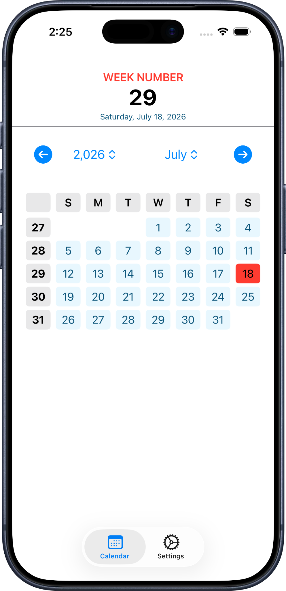 Week Number calendar view showing week numbers for different dates