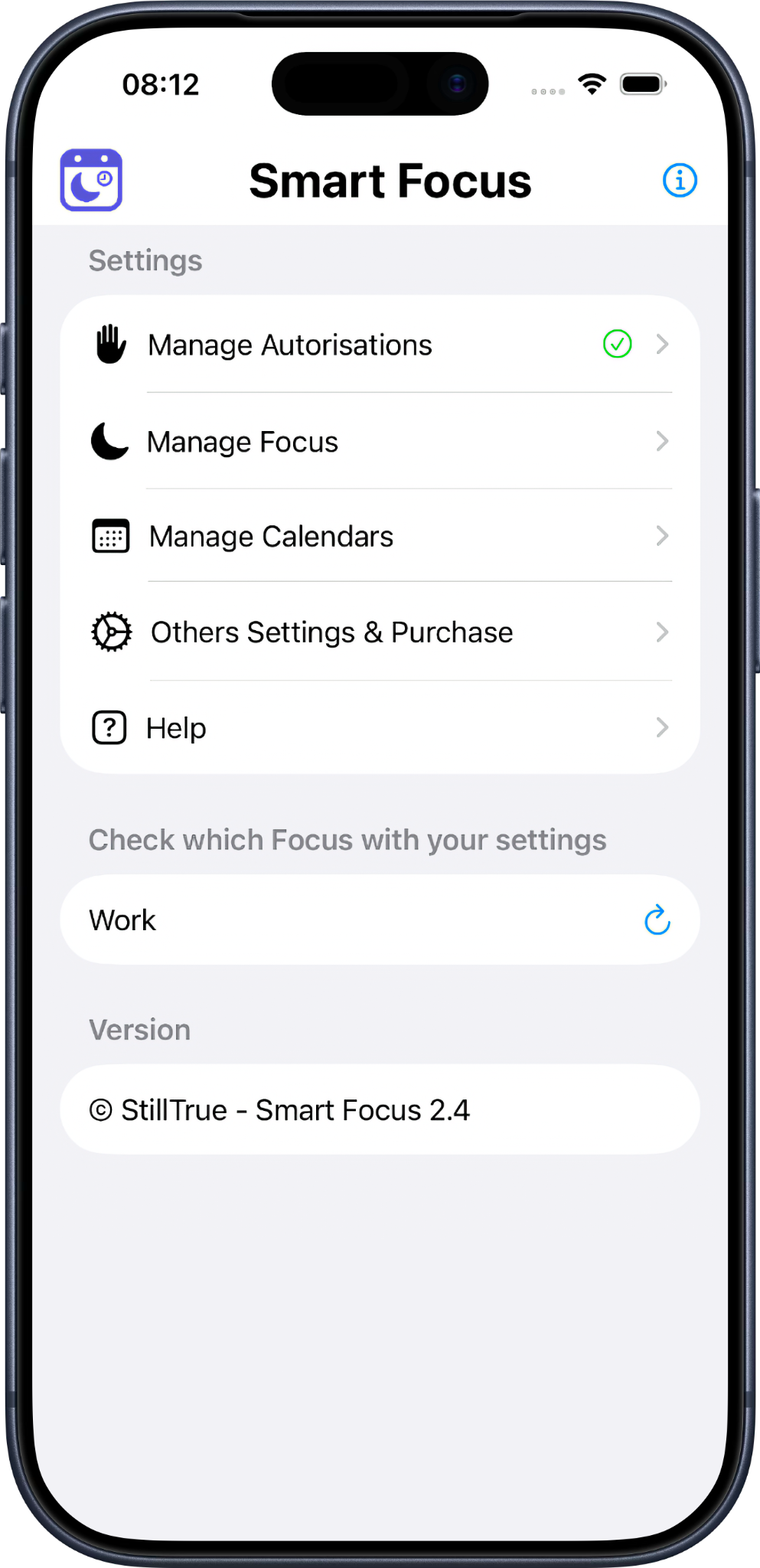 Smart Focus trigger, calendar and event settings on iPhone