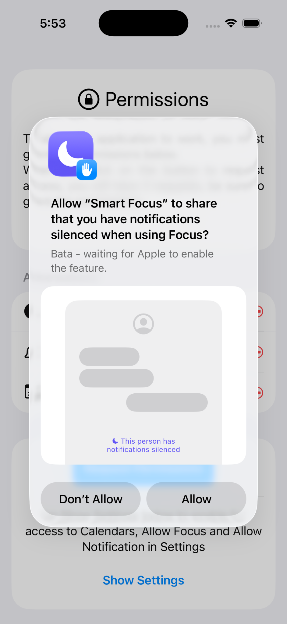 iOS permission request for Focus access