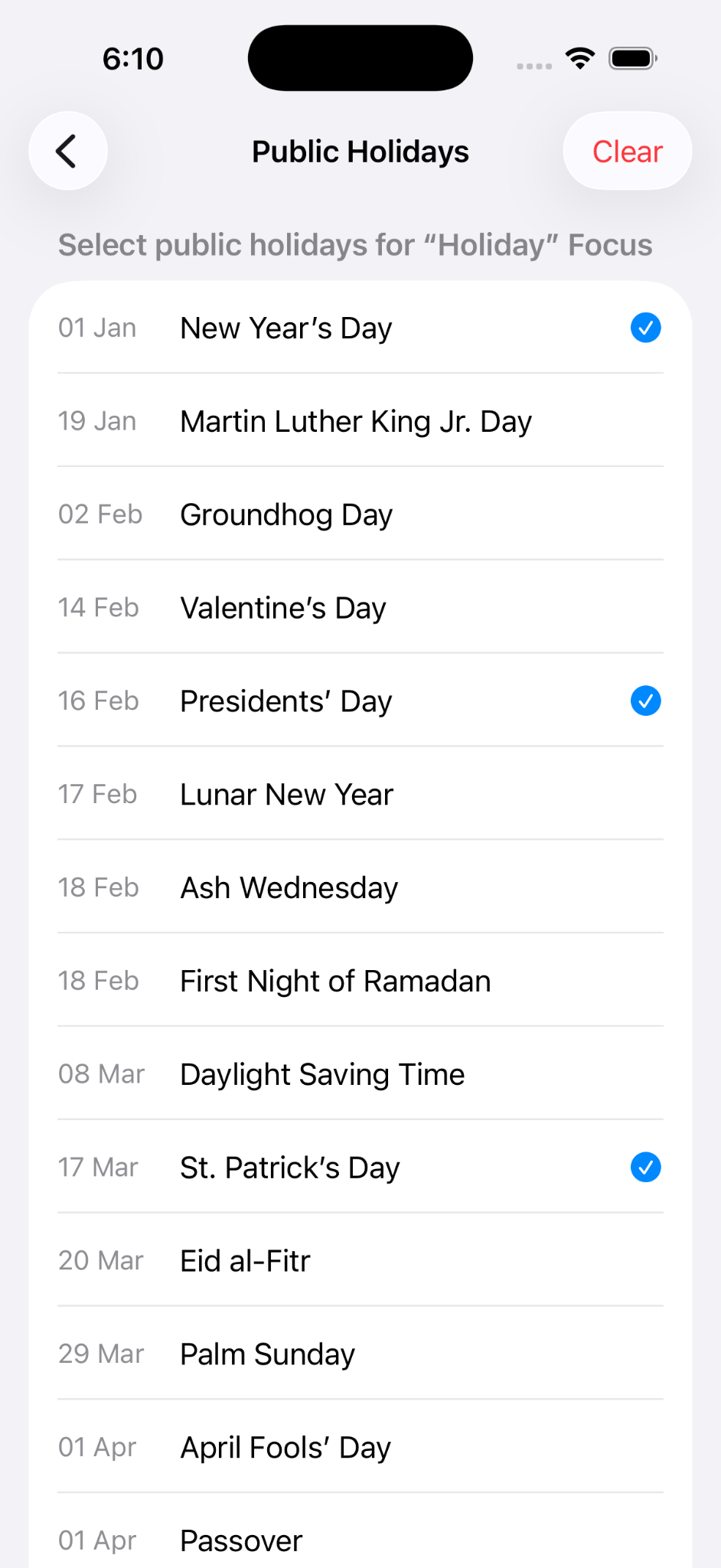 Smart Focus screen for selecting public holidays