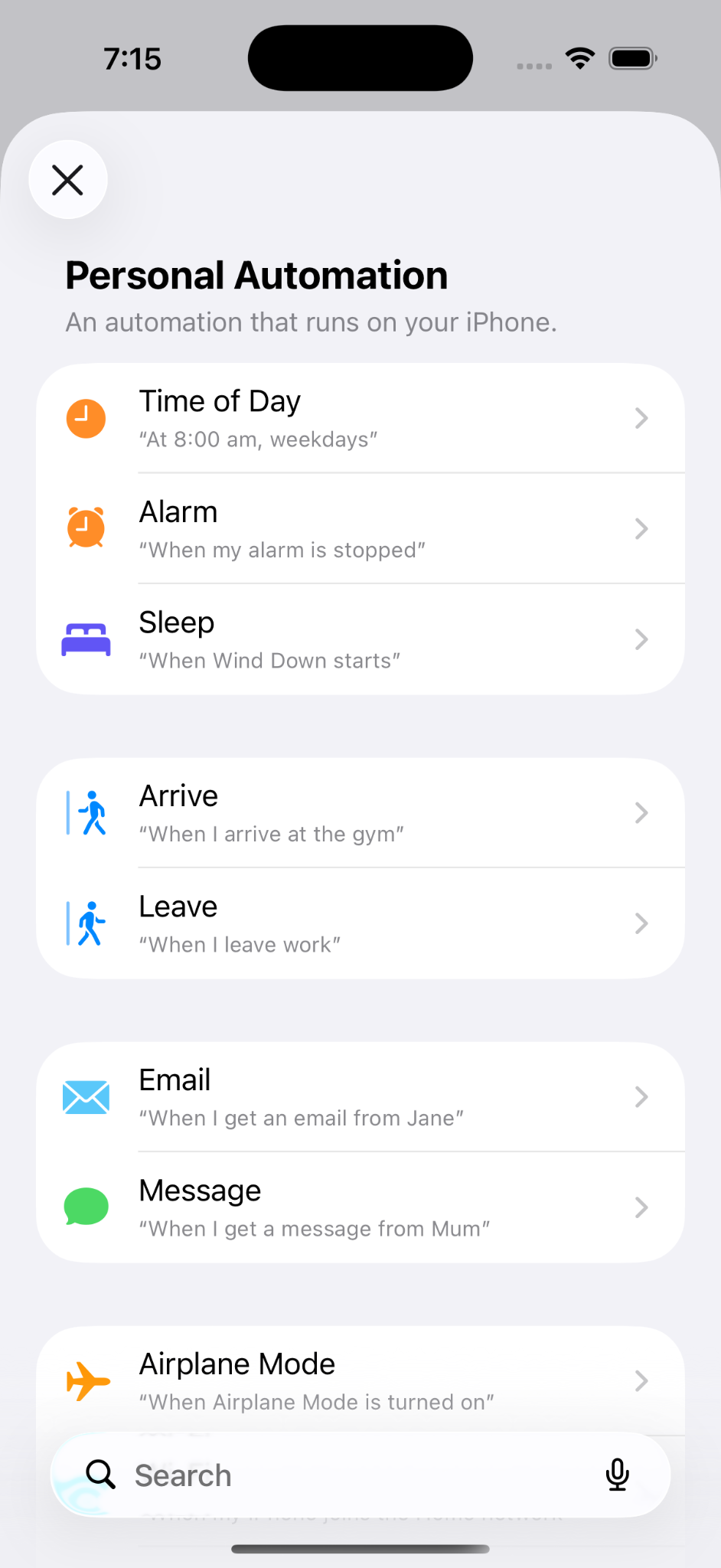 Shortcuts app screen for creating a new automation