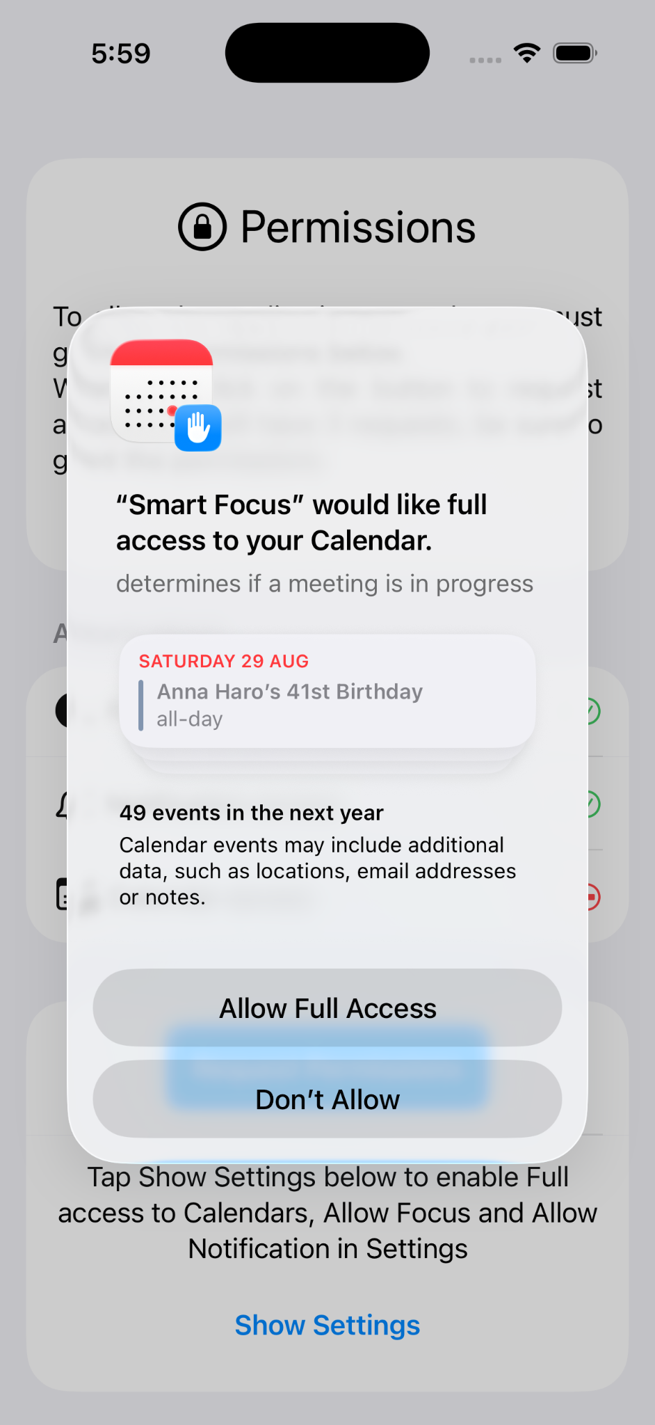 iOS permission request for full calendar access