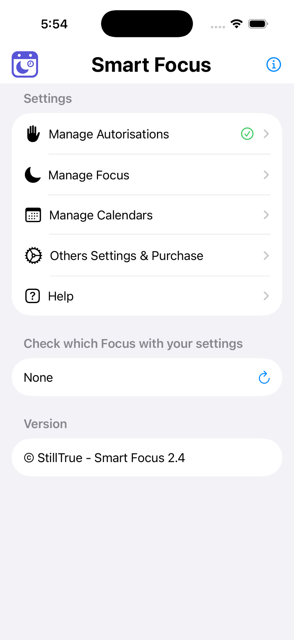 Smart Focus main screen with Manage Focus settings