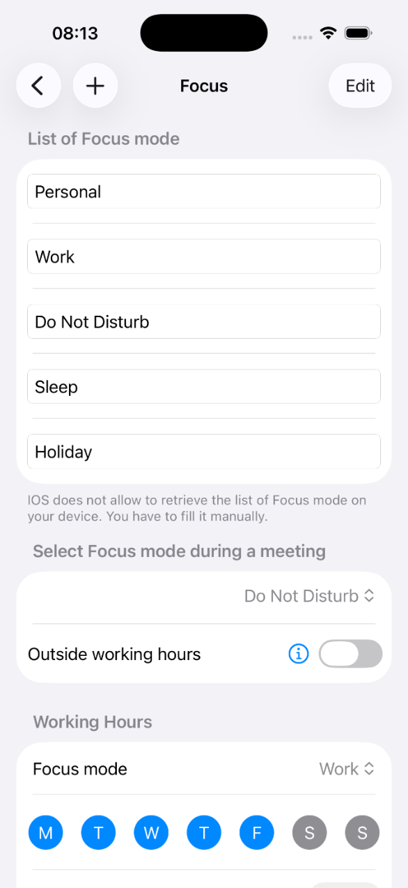 Smart Focus screen for adding Focus mode names