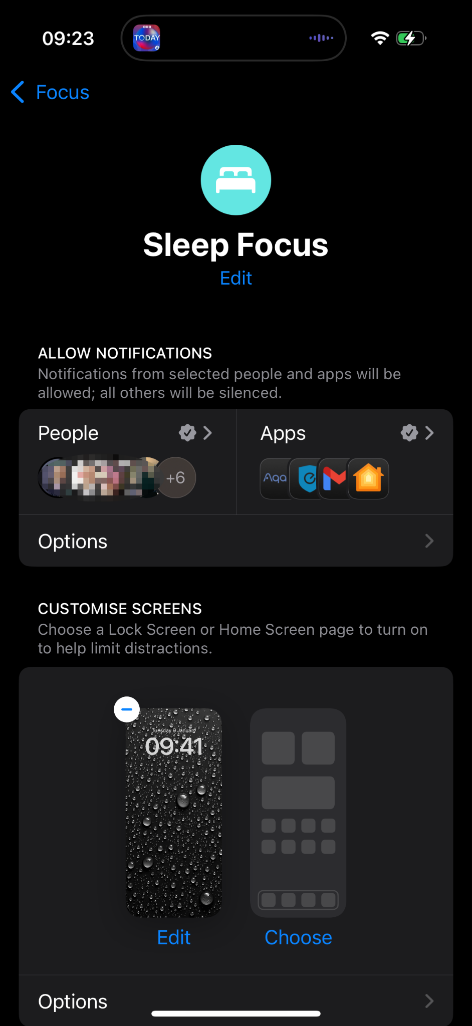 iPhone settings for the Sleep Focus mode