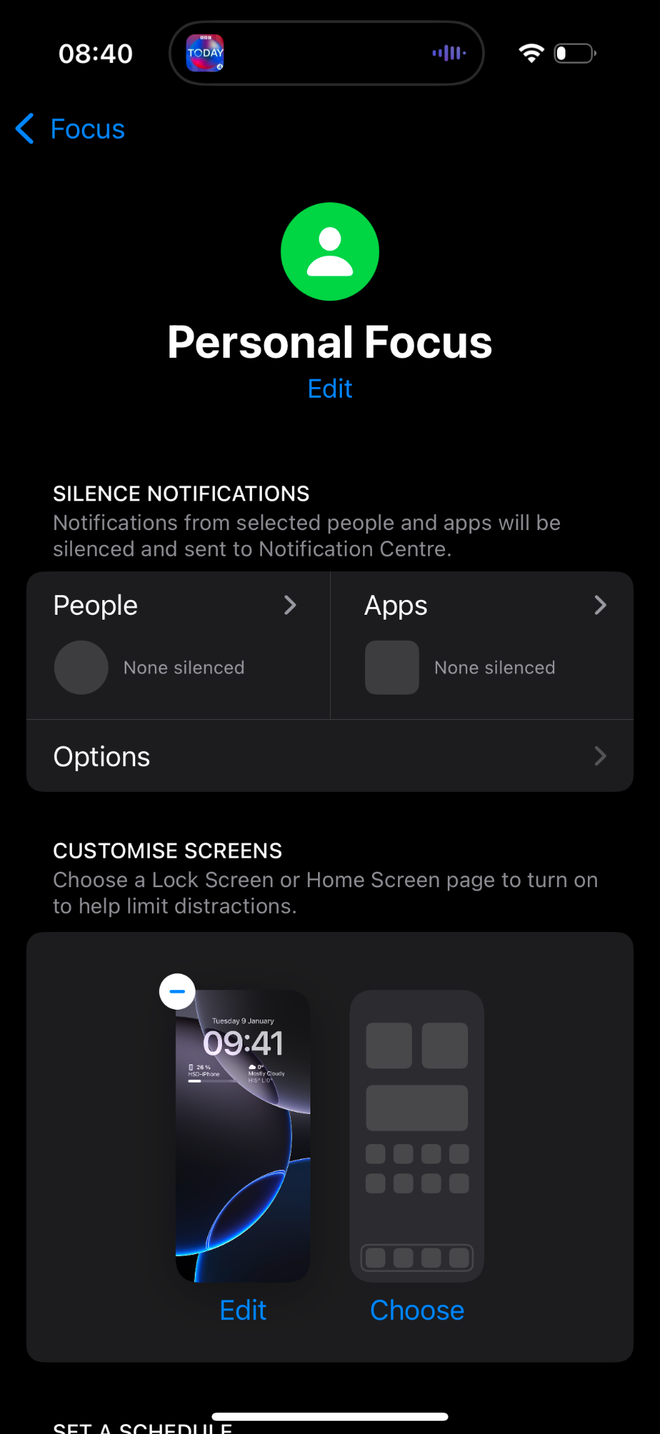 iPhone settings for the Personal Focus mode