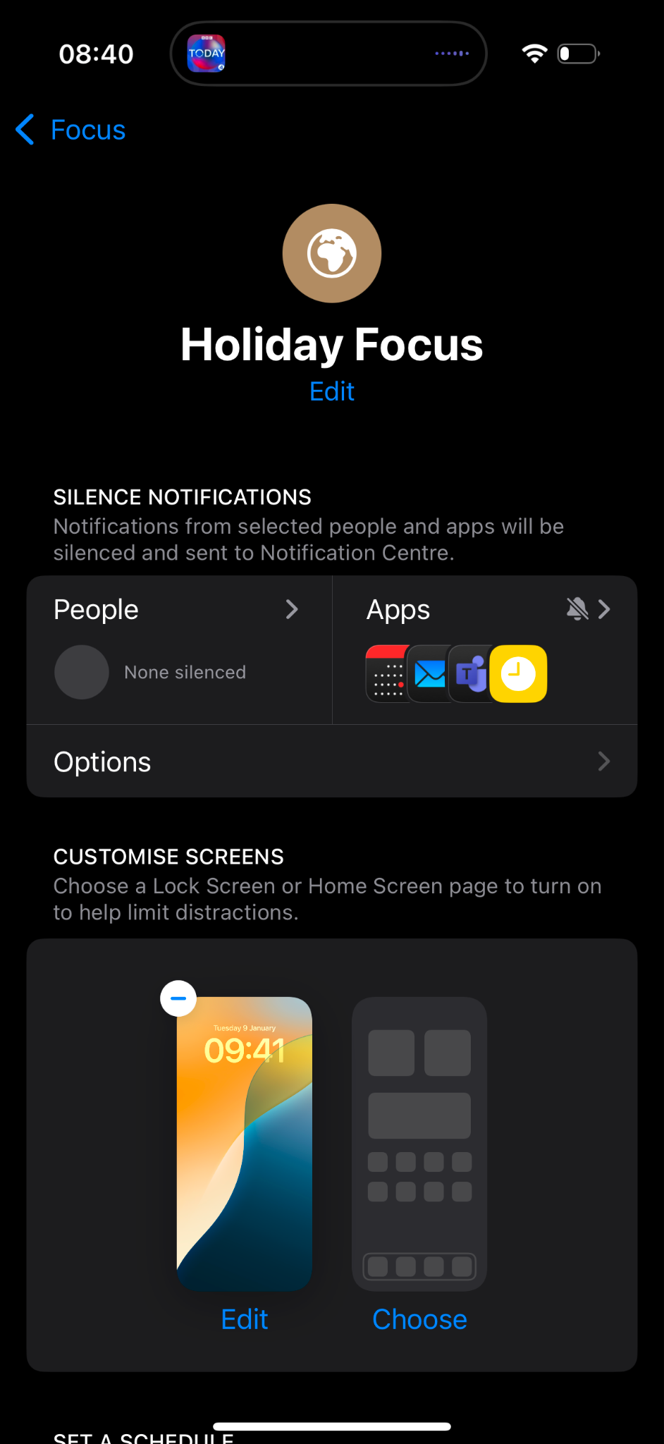 iPhone settings for the Holiday Focus mode